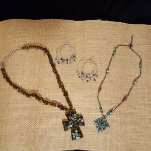 2 necklaces and a pair of earrings